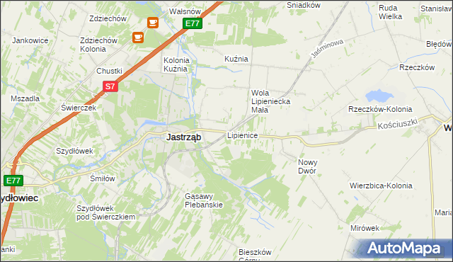 mapa Lipienice gmina Jastrząb, Lipienice gmina Jastrząb na mapie Targeo