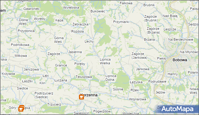 mapa Lipnica Wielka gmina Korzenna, Lipnica Wielka gmina Korzenna na mapie Targeo