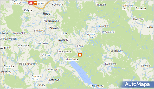 mapa Łosie gmina Ropa, Łosie gmina Ropa na mapie Targeo