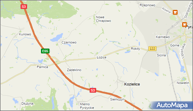 mapa Łozice gmina Kozielice, Łozice gmina Kozielice na mapie Targeo