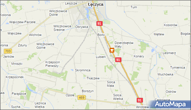 mapa Lubień gmina Łęczyca, Lubień gmina Łęczyca na mapie Targeo