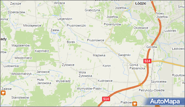 mapa Majówka gmina Pabianice, Majówka gmina Pabianice na mapie Targeo