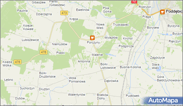 mapa Malenie gmina Poddębice, Malenie gmina Poddębice na mapie Targeo