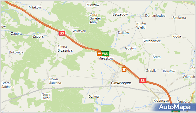 mapa Mieszków gmina Gaworzyce, Mieszków gmina Gaworzyce na mapie Targeo