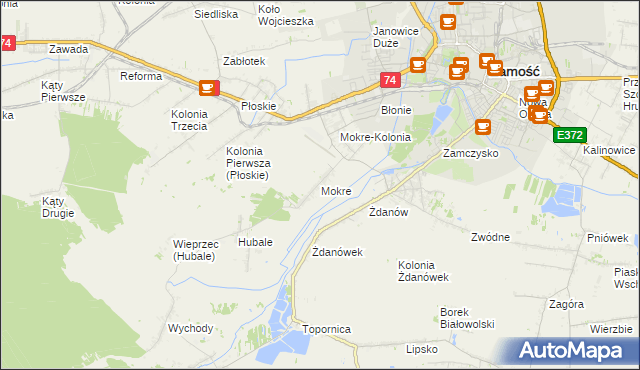 mapa Mokre gmina Zamość, Mokre gmina Zamość na mapie Targeo