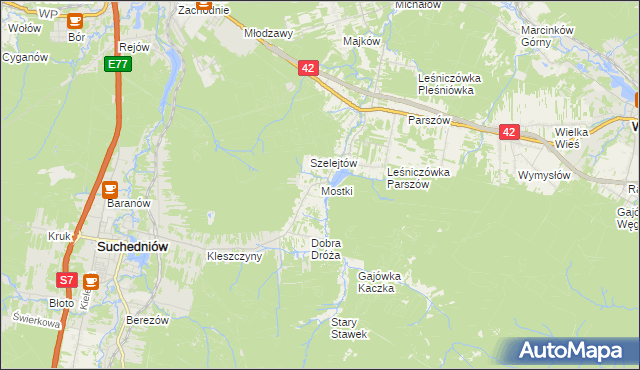 mapa Mostki gmina Suchedniów, Mostki gmina Suchedniów na mapie Targeo