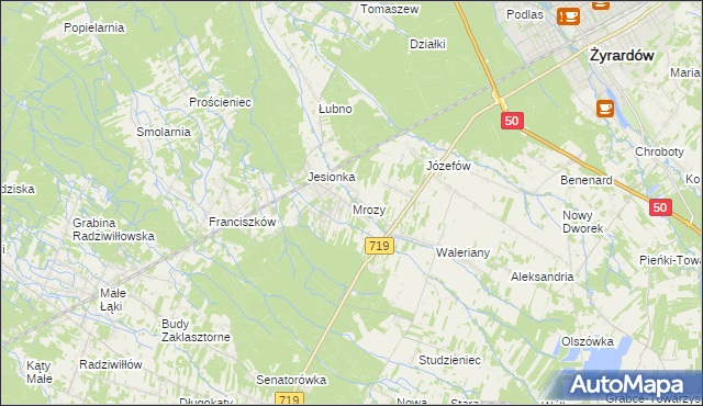 mapa Mrozy gmina Puszcza Mariańska, Mrozy gmina Puszcza Mariańska na mapie Targeo