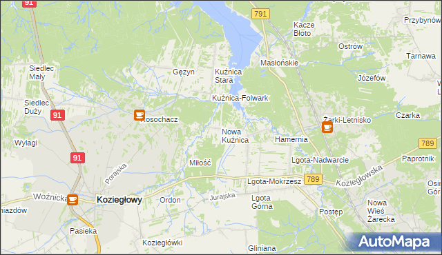 mapa Nowa Kuźnica gmina Koziegłowy, Nowa Kuźnica gmina Koziegłowy na mapie Targeo