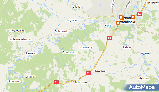 mapa Nowosady gmina Lidzbark Warmiński, Nowosady gmina Lidzbark Warmiński na mapie Targeo