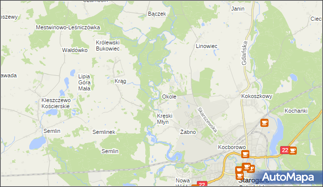 mapa Okole gmina Starogard Gdański, Okole gmina Starogard Gdański na mapie Targeo