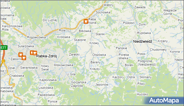 mapa Olszówka gmina Mszana Dolna, Olszówka gmina Mszana Dolna na mapie Targeo