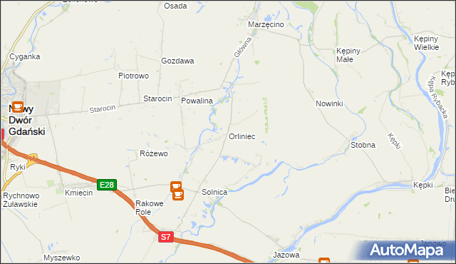 mapa Orliniec gmina Nowy Dwór Gdański, Orliniec gmina Nowy Dwór Gdański na mapie Targeo