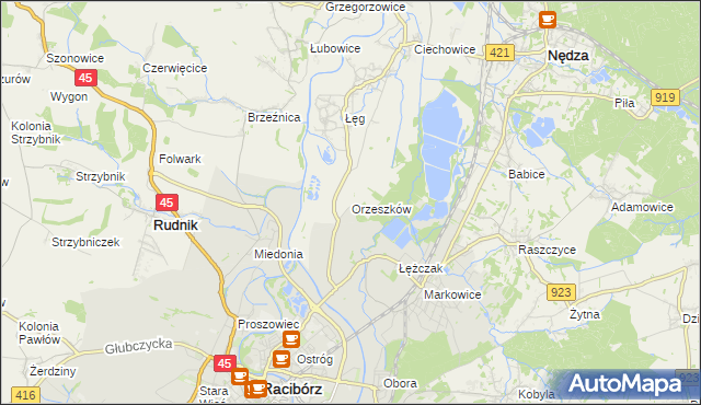 mapa Orzeszków gmina Nędza, Orzeszków gmina Nędza na mapie Targeo