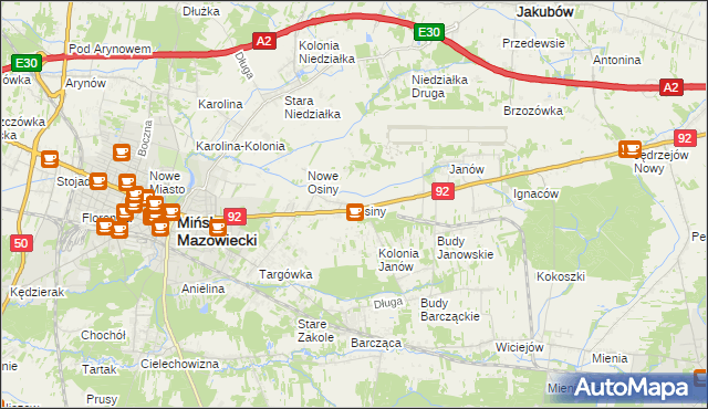 mapa Osiny gmina Mińsk Mazowiecki, Osiny gmina Mińsk Mazowiecki na mapie Targeo