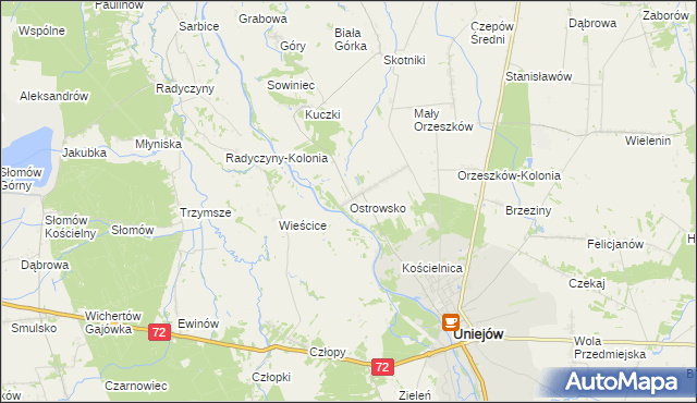 mapa Ostrowsko gmina Uniejów, Ostrowsko gmina Uniejów na mapie Targeo