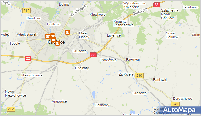 mapa Pawłówko gmina Chojnice, Pawłówko gmina Chojnice na mapie Targeo