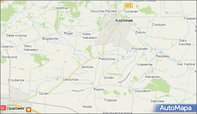 mapa Pietrzyków gmina Koźminek, Pietrzyków gmina Koźminek na mapie Targeo