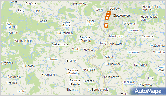 mapa Pławna gmina Ciężkowice, Pławna gmina Ciężkowice na mapie Targeo