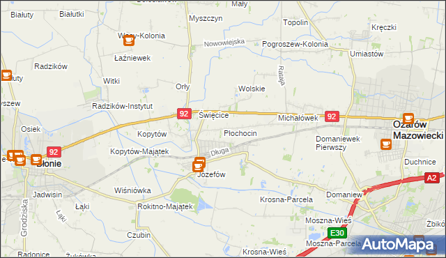 mapa Płochocin gmina Ożarów Mazowiecki, Płochocin gmina Ożarów Mazowiecki na mapie Targeo