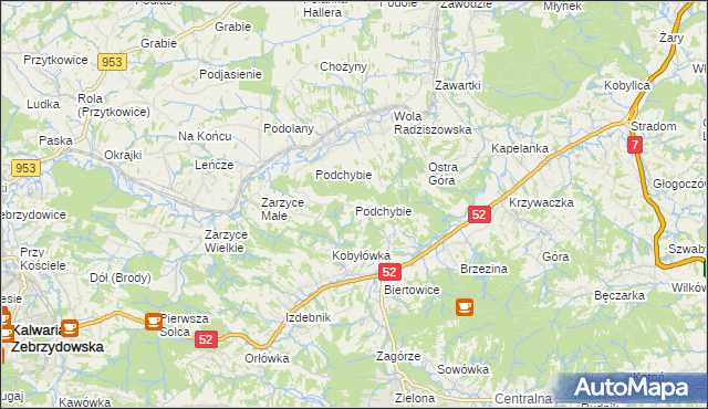 mapa Podchybie gmina Lanckorona, Podchybie gmina Lanckorona na mapie Targeo