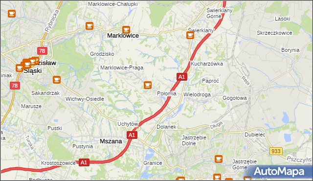 mapa Połomia gmina Mszana, Połomia gmina Mszana na mapie Targeo