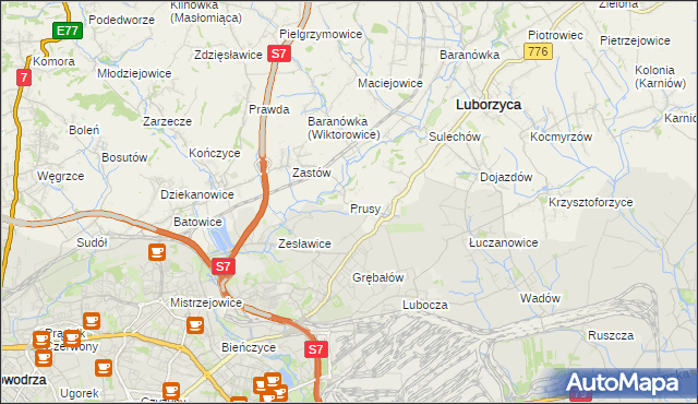 mapa Prusy gmina Kocmyrzów-Luborzyca, Prusy gmina Kocmyrzów-Luborzyca na mapie Targeo