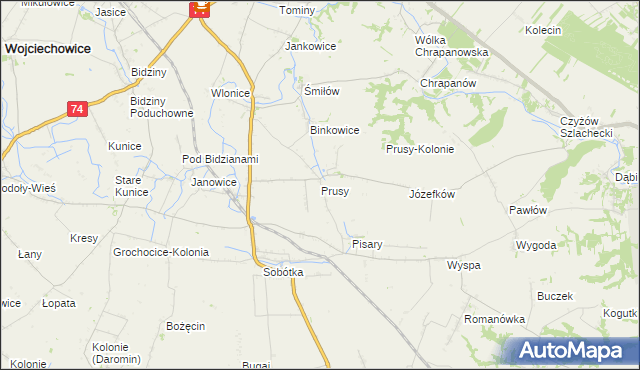 mapa Prusy gmina Ożarów, Prusy gmina Ożarów na mapie Targeo