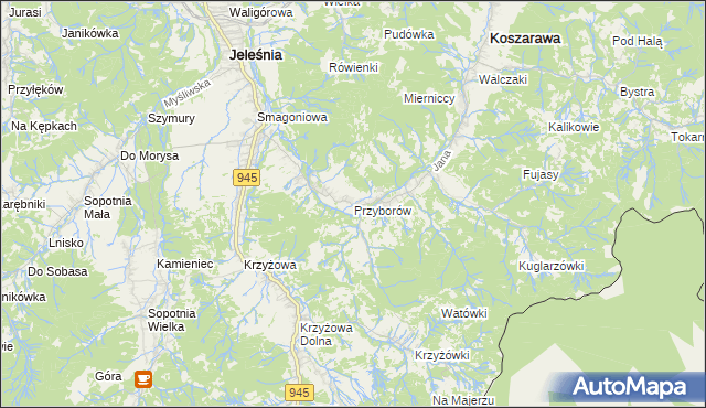 mapa Przyborów gmina Jeleśnia, Przyborów gmina Jeleśnia na mapie Targeo