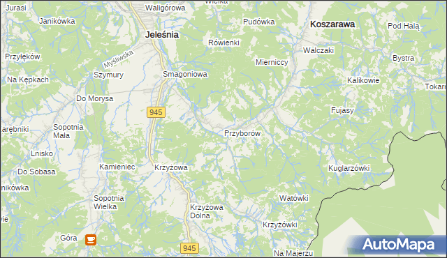 mapa Przyborów gmina Jeleśnia, Przyborów gmina Jeleśnia na mapie Targeo