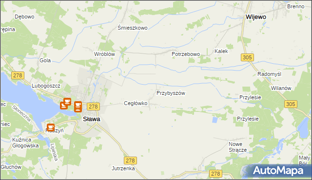mapa Przybyszów gmina Sława, Przybyszów gmina Sława na mapie Targeo