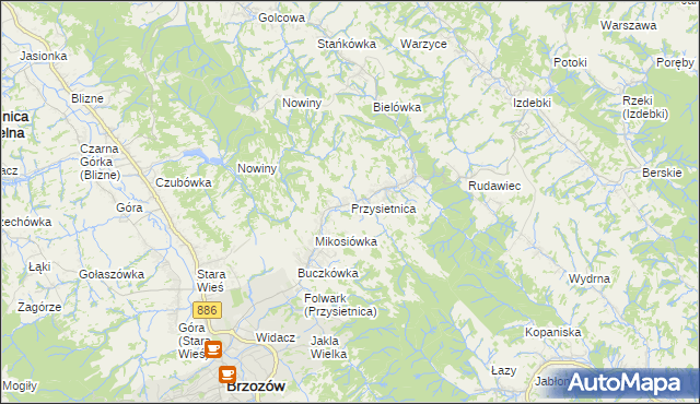 mapa Przysietnica gmina Brzozów, Przysietnica gmina Brzozów na mapie Targeo