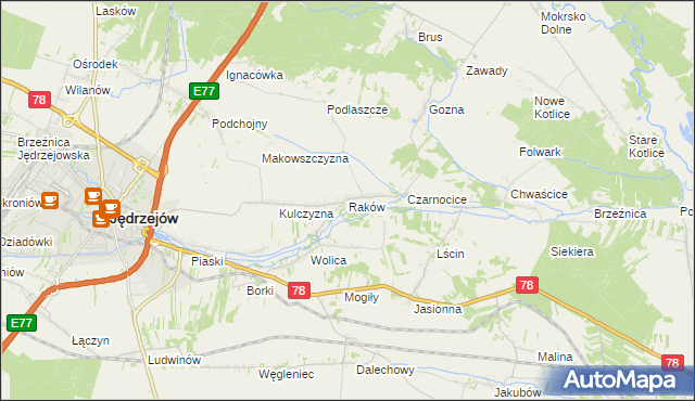 mapa Raków gmina Jędrzejów, Raków gmina Jędrzejów na mapie Targeo