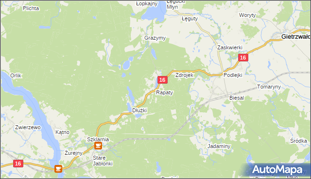 mapa Rapaty gmina Gietrzwałd, Rapaty gmina Gietrzwałd na mapie Targeo