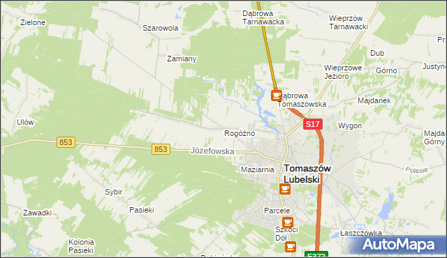 mapa Rogóźno gmina Tomaszów Lubelski, Rogóźno gmina Tomaszów Lubelski na mapie Targeo