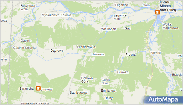 mapa Różanna gmina Odrzywół, Różanna gmina Odrzywół na mapie Targeo