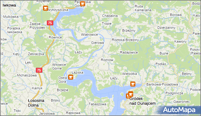 mapa Rożnów gmina Gródek nad Dunajcem, Rożnów gmina Gródek nad Dunajcem na mapie Targeo