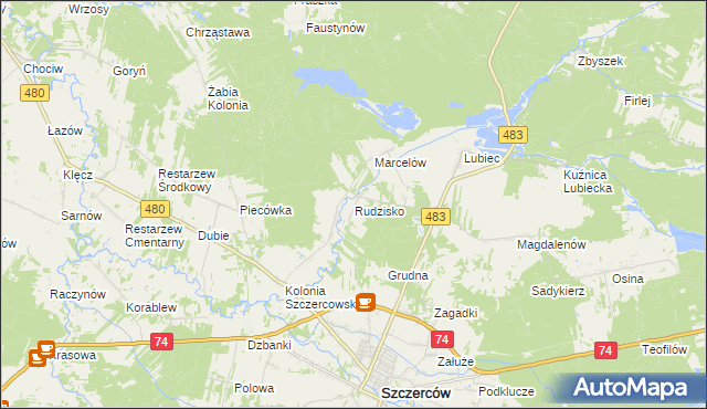 mapa Rudzisko gmina Szczerców, Rudzisko gmina Szczerców na mapie Targeo