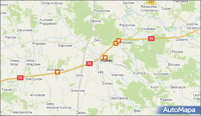 mapa Rusiec powiat bełchatowski, Rusiec powiat bełchatowski na mapie Targeo