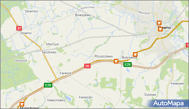 mapa Rzyszczewo gmina Sławno, Rzyszczewo gmina Sławno na mapie Targeo