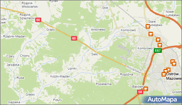 mapa Sielc gmina Ostrów Mazowiecka, Sielc gmina Ostrów Mazowiecka na mapie Targeo