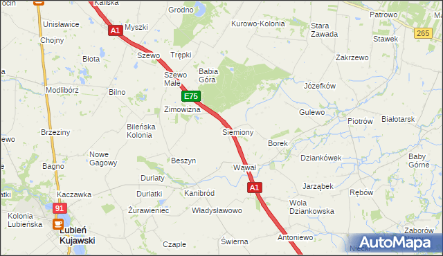 mapa Siemiony gmina Lubień Kujawski, Siemiony gmina Lubień Kujawski na mapie Targeo