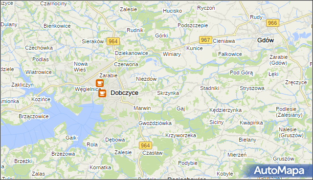 mapa Skrzynka gmina Dobczyce, Skrzynka gmina Dobczyce na mapie Targeo