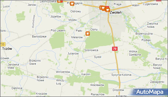 mapa Sosnowica gmina Zwoleń, Sosnowica gmina Zwoleń na mapie Targeo