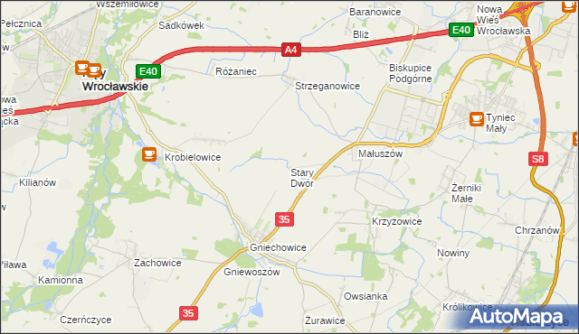 mapa Stary Dwór gmina Kąty Wrocławskie, Stary Dwór gmina Kąty Wrocławskie na mapie Targeo