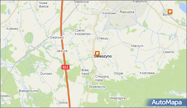 mapa Świeszyno powiat koszaliński, Świeszyno powiat koszaliński na mapie Targeo