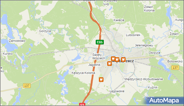 mapa Święty Wojciech gmina Międzyrzecz, Święty Wojciech gmina Międzyrzecz na mapie Targeo