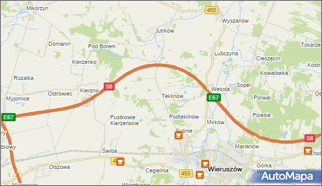 mapa Teklinów gmina Wieruszów, Teklinów gmina Wieruszów na mapie Targeo