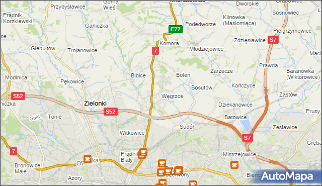 mapa Węgrzce gmina Zielonki, Węgrzce gmina Zielonki na mapie Targeo