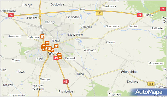 mapa Widoradz, Widoradz na mapie Targeo