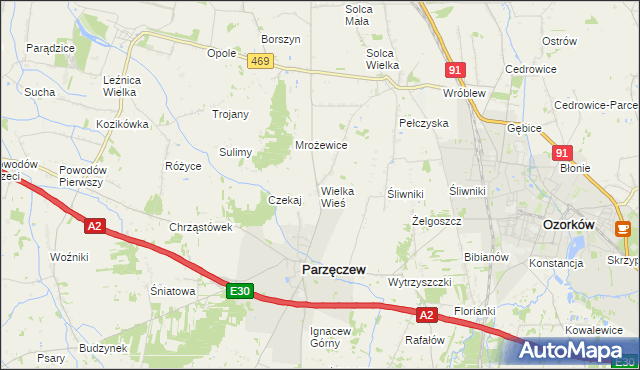 mapa Wielka Wieś gmina Parzęczew, Wielka Wieś gmina Parzęczew na mapie Targeo